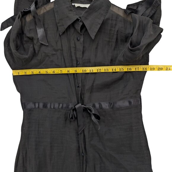 Rayure Sheer Blouse Womens Black 3/4 Sleeve Button Front Tie Waist Collared Sz S - Picture 8 of 9